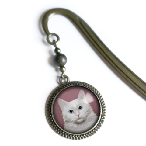 Long Haired White Cat Glass Cabochon Brass Book Hook / Bookmark