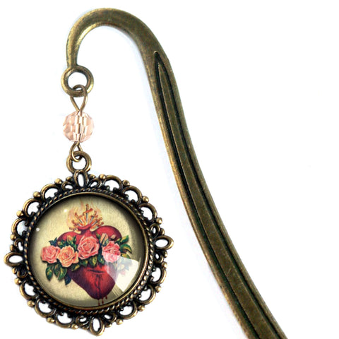Immaculate Heart of Mary Glass Cabochon Brass Book Hook / Bookmark