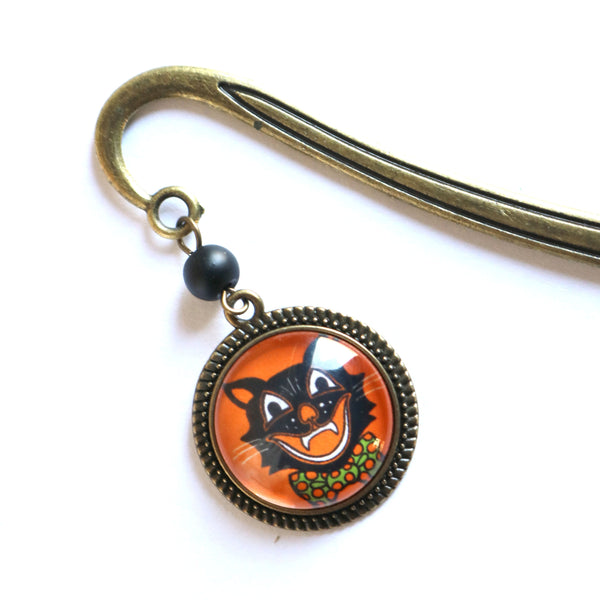 Retro Halloween Black Cat Glass Cabochon Brass Book Hook / Bookmark