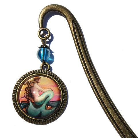 Sunset Mermaid Glass Cabochon Brass Book Hook / Bookmark