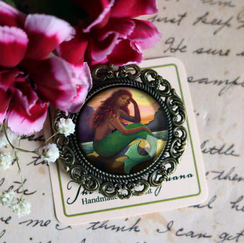 Mermaid with Green Tail Ornate Glass Cabochon and Brass Brooch