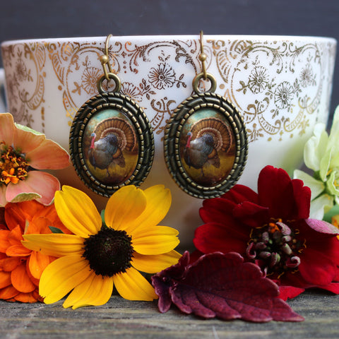 Oval Turkey Thanksgiving Holiday Vintage Inspired Drop / Dangle Earrings