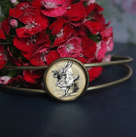 Alice in Wonderland White Rabbit Adjustable Charm Bracelet / Bangle in Antique Brass
