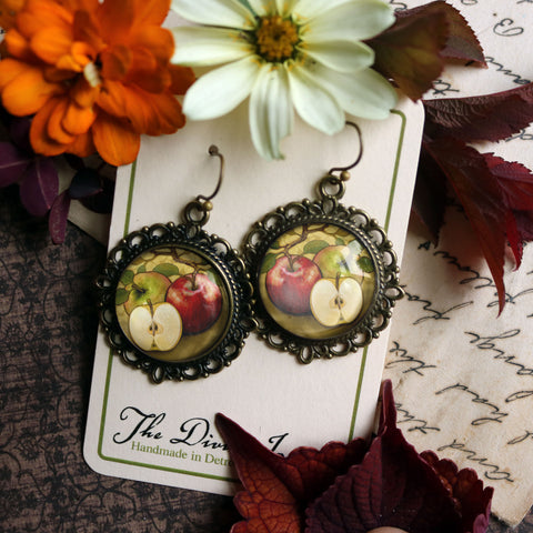 Art Nouveau Apples Glass Cabochon and Bronze Fall and Autumn Harvest Earrings