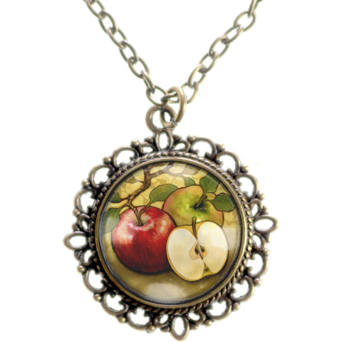 Art Nouveau Apple Autumn Harvest Thanksgiving Glass Cabochon Reversed Decoupage Pendant Necklace