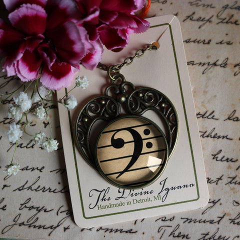 Bass Clef Musical Notation Glass Cabochon Heart Pendant Necklace