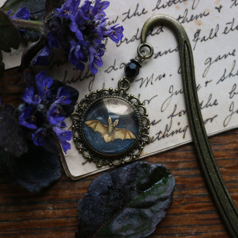 Moonlit Bat Goth or Halloween Glass Cabochon Brass Book Hook / Bookmark