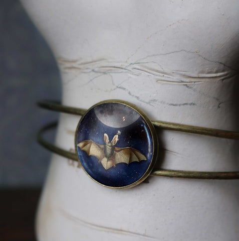 Moonlit Bat Goth / Halloween Cuff Bracelet with Glass Cabochon on Bronze