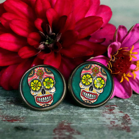 Sugar Skull with Yellow Eyes Day of the Dead Stud Earrings