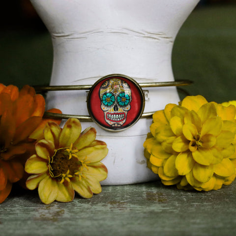 Sugar Skull with Blue Eyes Day of the Dead Cuff Bracelet with Glass Cabochon on Bronze