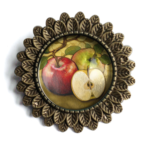 Art Nouveau Apples Fall Autumn Harvest Thanksgiving Glass Cabochon Brooch