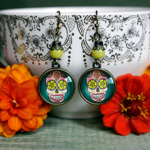 Sugar Skull with Yellow Eyes Day of the Dead Earrings