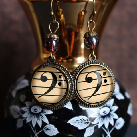 Bass Clef Vintage Inspired Drop / Dangle Earrings Reversed Decoupage Glass Cabochon Music Themed Jewelry