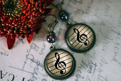 Treble Clef Vintage Inspired Drop / Dangle Earrings Reversed Decoupage Glass Cabochon Music Themed Jewelry