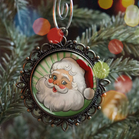 Retro Santa Claus Bronze and Glass Christmas Tree Ornament with Green Background
