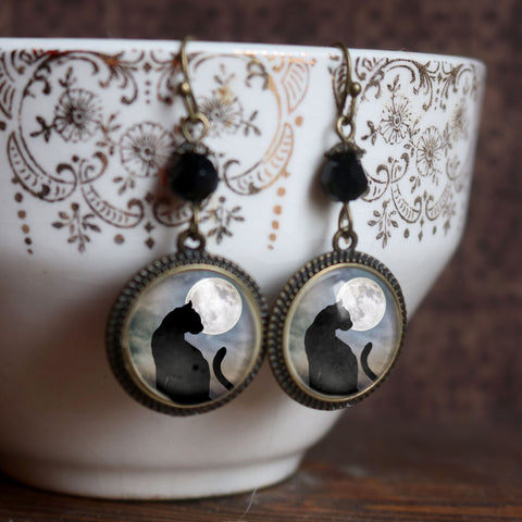 Moonlit Cat Drop / Dangle Earrings Glass Cabochons with Black Glass Bead