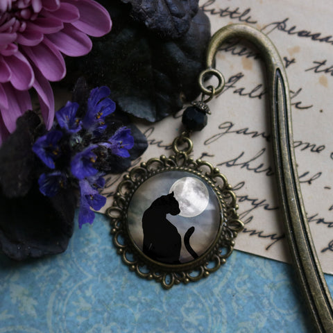 Moonlit Cat Goth or Halloween Glass Cabochon Brass Book Hook / Bookmark
