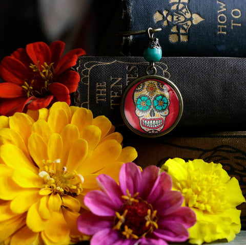 Sugar Skull with Blue Eyes Glass Cabochon Day of the Dead Brass Book Hook / Bookmark