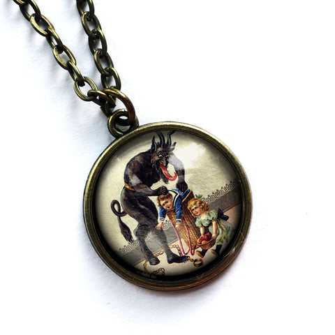 Krampus the Christmas Demon Large Pendant Necklace with Naughty Child Stuffed into Barrel