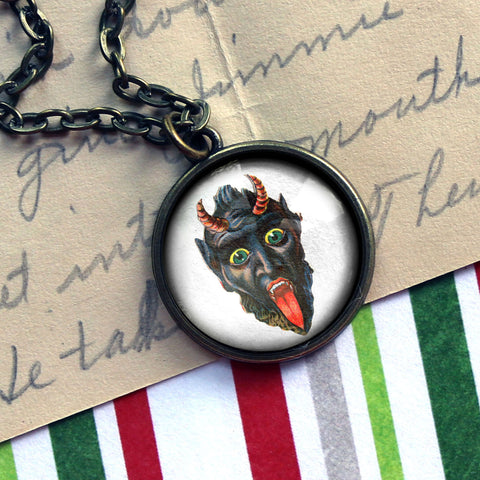 Krampus the Christmas Demon Large Pendant Necklace with Leering Krampus Face