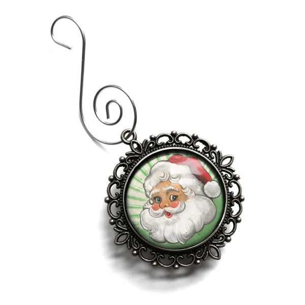 Retro Santa Claus Bronze and Glass Christmas Tree Ornament with Green Background