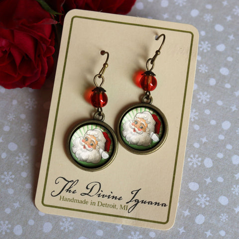 Retro Santa - Green with Red Bead - Vintage Inspired Drop / Dangle Earrings