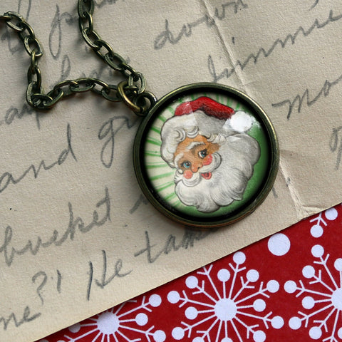 Retro Santa Christmas Reversible Pendant Necklace with Green Background