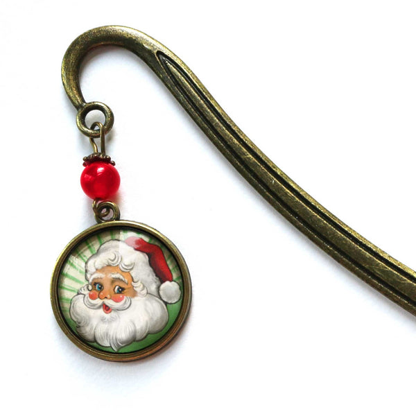Retro Santa Glass Cabochon Brass Book Hook / Bookmark - with Green Background and Red Accent Bead