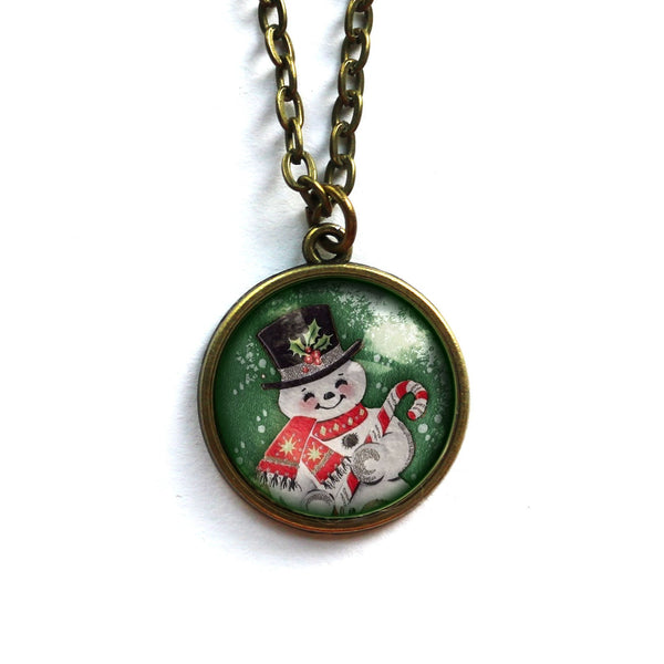 Retro Snowman Christmas Large Pendant Necklace in Simple Bronze Bezel