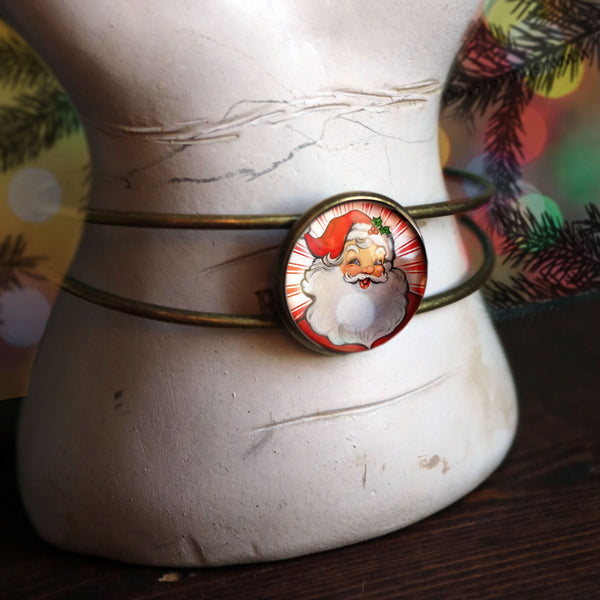 Retro Santa on Red Background Cuff Bracelet / Bangle in Antique Brass