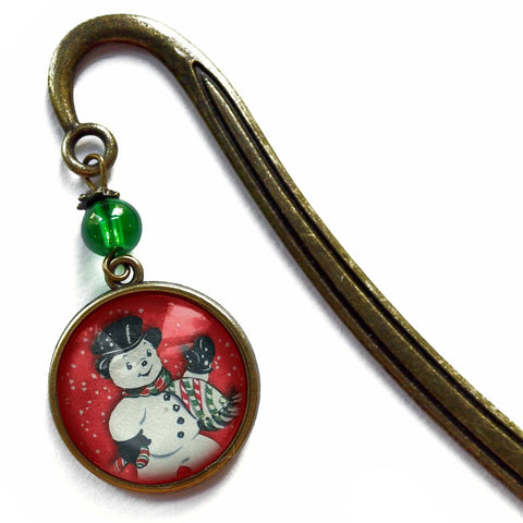 Vintage Snowman on Red Glass Cabochon Brass Book Hook / Bookmark