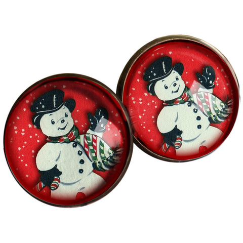 Vintage Snowman On Red Background Christmas and Winter Holidays Stud Earrings
