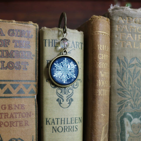 Winter Snowflake Glass Cabochon Brass Book Hook / Bookmark
