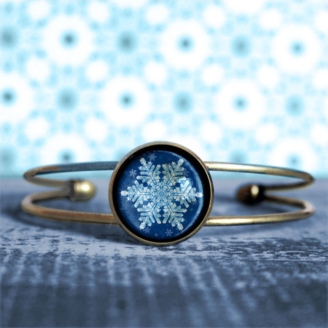 Winter Snowflake Cuff Bracelet / Bangle in Antique Brass