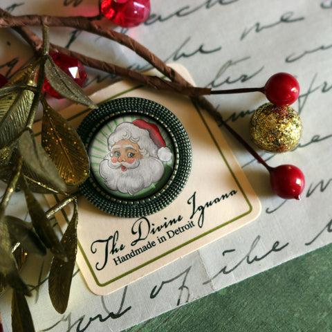 Retro Santa Claus Vintage Inspired Pin Brooch - with green background