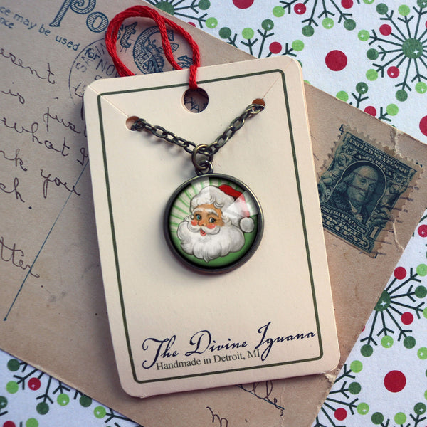 Retro Santa Christmas Reversible Pendant Necklace with Green Background