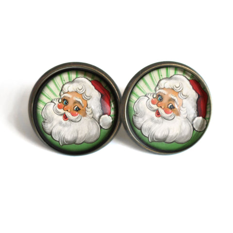 Retro Santa Vintage Inspired Stud Earrings - with green background