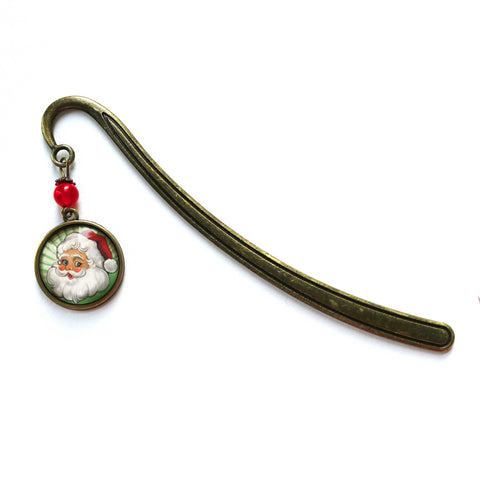 Retro Santa Glass Cabochon Brass Book Hook / Bookmark - with Green Background and Red Accent Bead