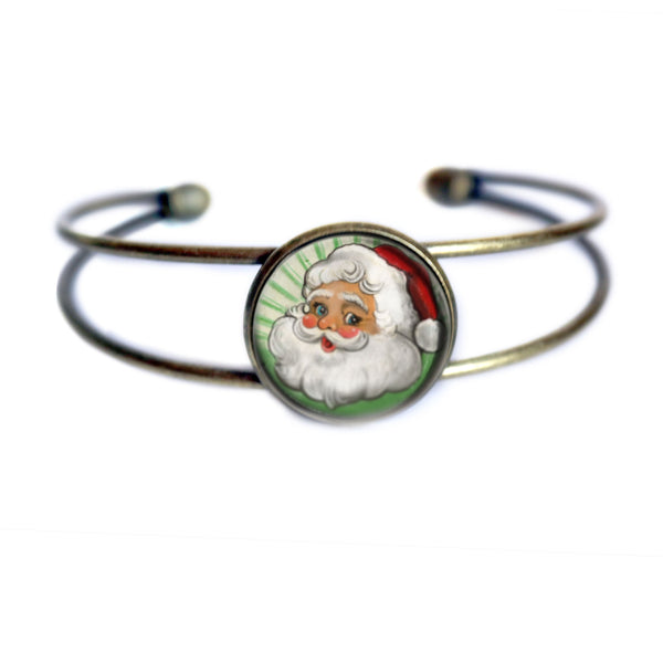 Retro Santa on Green Background Cuff Bracelet / Bangle in Antique Brass