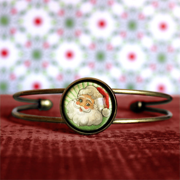 Retro Santa on Green Background Cuff Bracelet / Bangle in Antique Brass