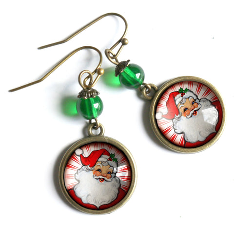Retro Santa - Red with Green Bead - Vintage Inspired Drop / Dangle Earrings