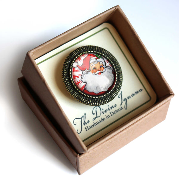 Retro Santa Claus Vintage Inspired Pin Brooch - with red background