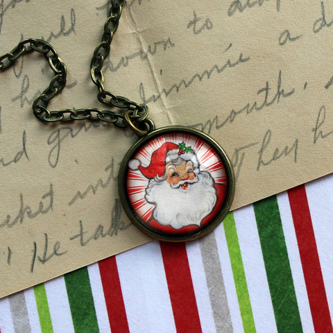 Retro Santa Christmas Pendant Necklace with Red Background