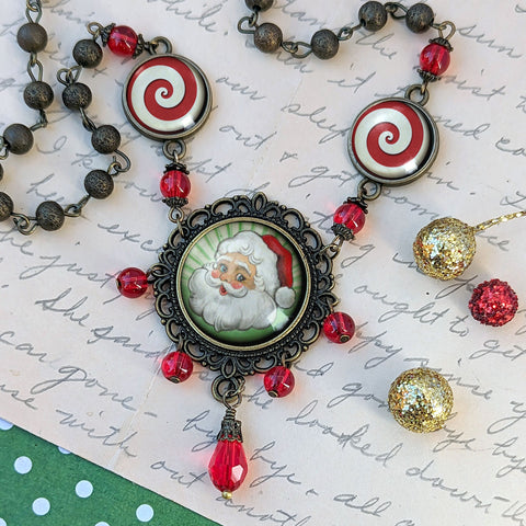 Retro Santa Christmas Ornate Necklace with Green Background