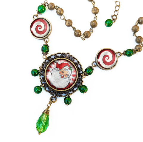 Retro Santa Christmas Ornate Necklace with Red Background