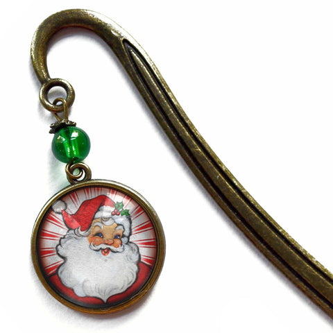 Retro Santa Glass Cabochon Brass Book Hook / Bookmark - with Red Background and Green Accent Bead