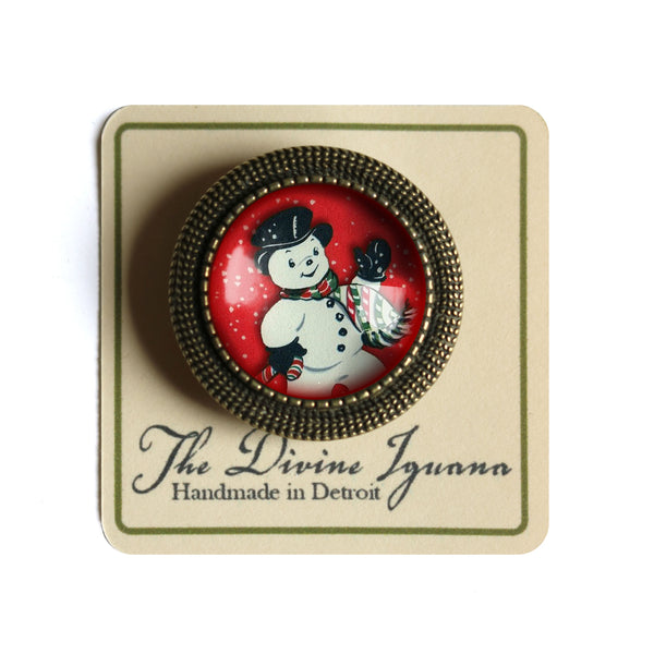 Vintage Snowman on Red Christmas and Winter Holiday Pin Back Brooch