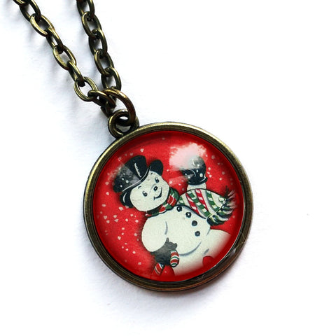Vintage Snowman on Red Christmas and Winter Holiday Pendant Necklace in Simple Bronze Bezel