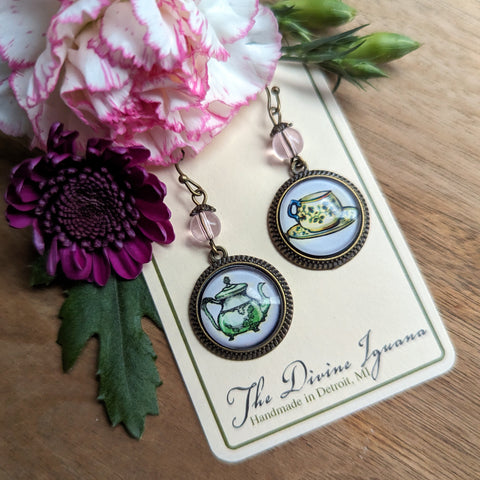 Mismatched Sweet Tea Green and Pink Teapot and Teacup Vintage Inspired Drop / Dangle Earrings