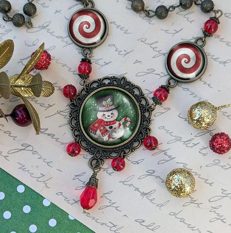 Festive Green And Red Snowman Ornate Necklace